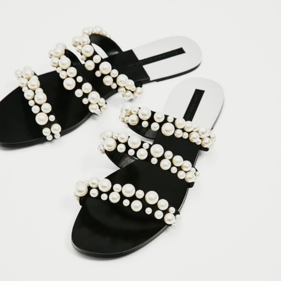 NWT Zara Flat Sandals with pearl embellished straps - Picture 7 of 17